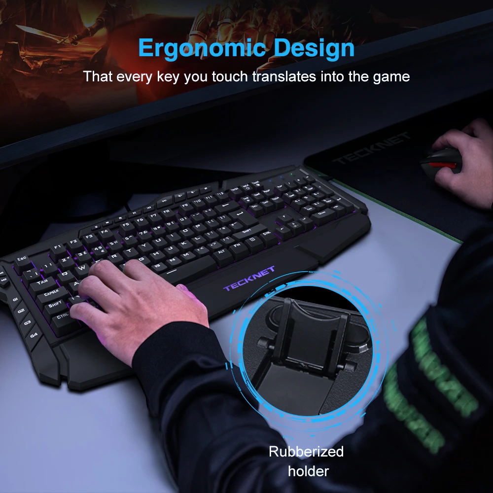 TeckNet программируемая игровая клавиатура, 7 цветов светодиодный Радуга игровой клавиатурой с подсветкой клавиатуры водостойкая конструкция Великобритания раскладка клавиатуры для Windows
