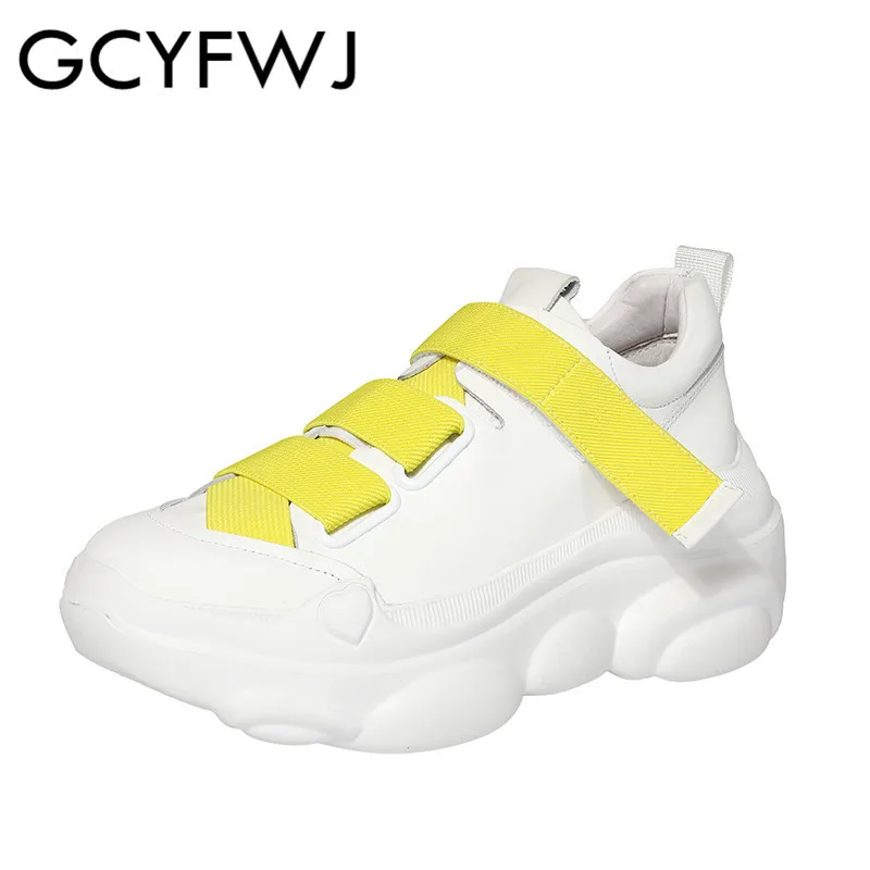 GCYFWJ/модные кроссовки; женская обувь из натуральной кожи на толстой подошве; эластичная женская обувь на платформе с петлей HookLoop; цвет желтый