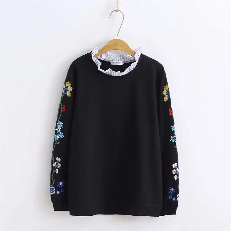 Женская Черная Толстовка с цветочной вышивкой сезон весна осень 2018 толстовки