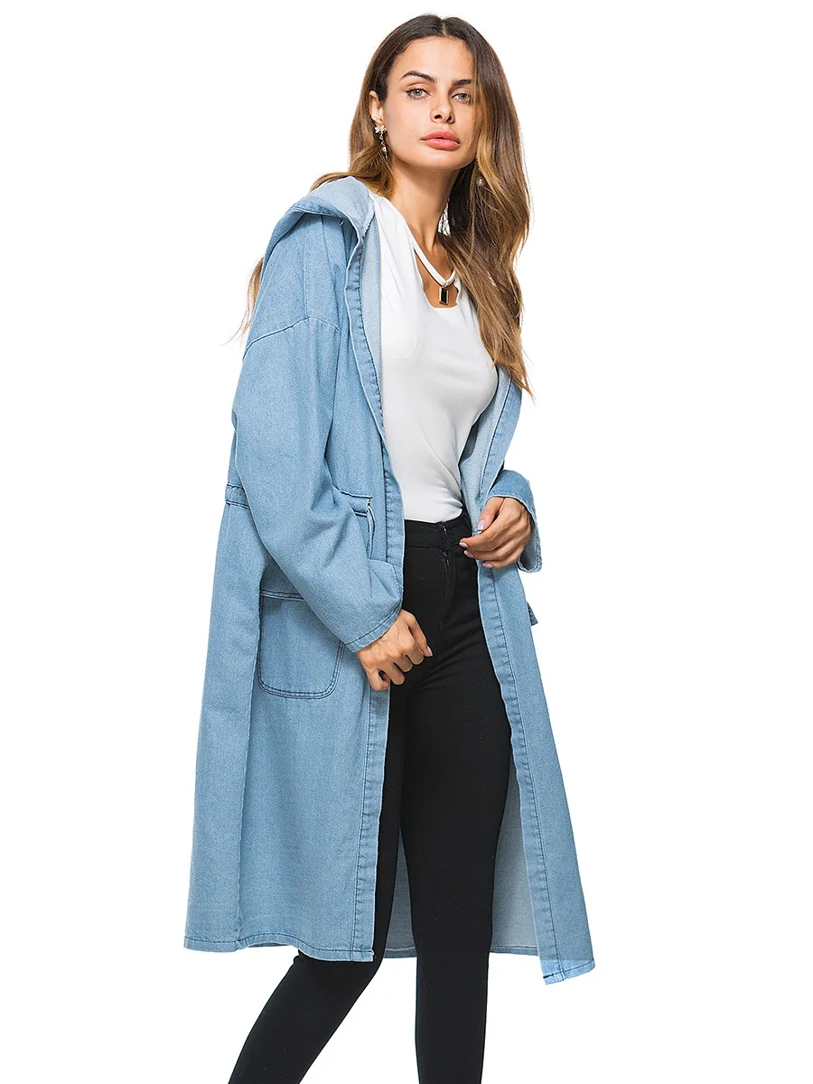 Элегантный свободный женский джинсовый Тренч весна 2018 длинный плащ с капюшоном и