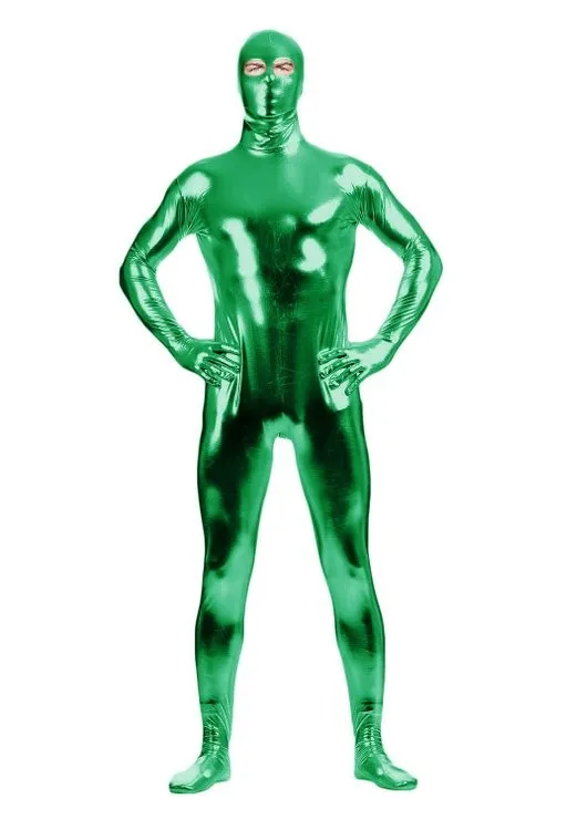 Для мужчин всего тела зеленый металлик комбинезон из лайкры с открытым глаз