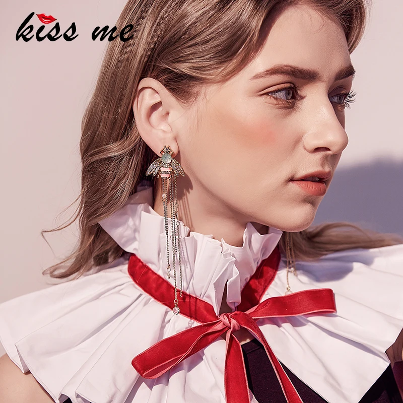 Женские длинные серьги KISS ME висячие с бахромой и цепочкой в виде пчелы из