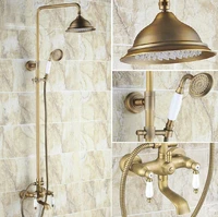 vintage retro antique brass dual ceramic handles bathroom 8 inch round rain shower faucet set tub mixer tap hand shower mrs144