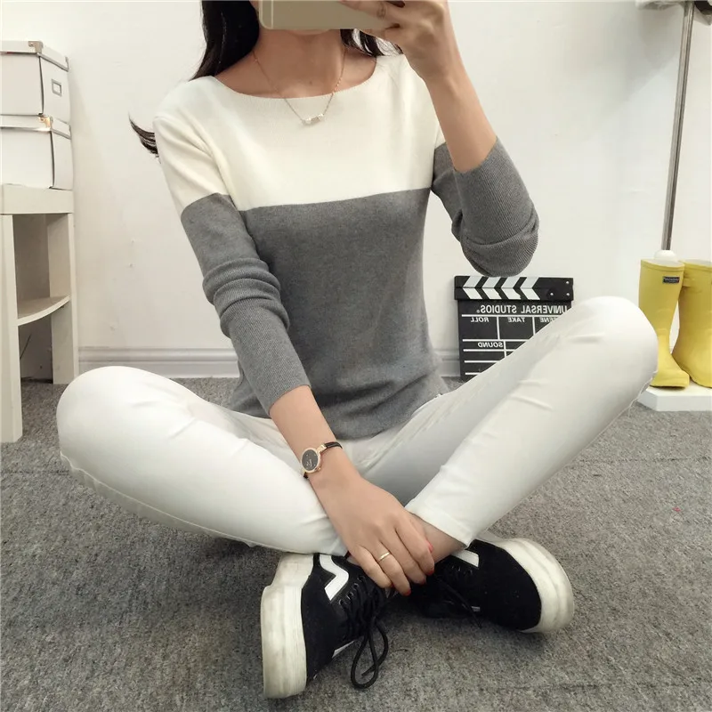 Высокий эластичный мягкий вязаный свитер для женщин 2016 весна осень сплит женские