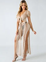 jrry sexy two pieces knittted set short sleeve sashes crop top long slit skirt 2 pieces crochet set hollow out beach knitwear