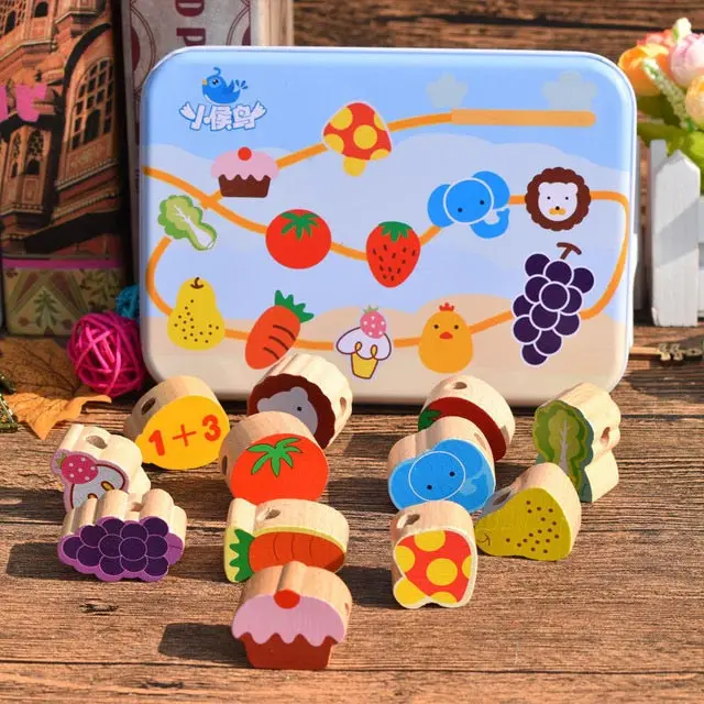 Fruit Деревянная игрушка Мультяшные животные фрукты Сделай Сам игрушечный бисер игрушка нанизывающий резьбонарезной Бисер для игр обучающая игрушка для детей - Цвет: Fruit