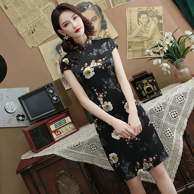Черный сексуальный искусственный шелк Ципао винтажный цветок Cheongsam новинка