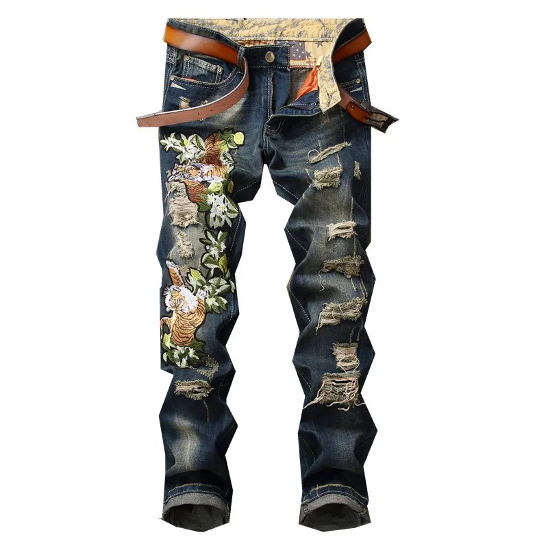 Модные рваные джинсы для мужчин отверстие мотоциклетные брюки синий slim fit