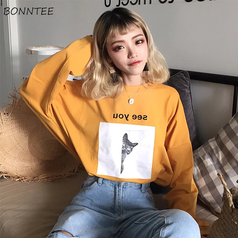 Женские футболки Ulzzang для студентов, шикарная футболка с принтом и длинным рукавом, Женская свободная ретро Корейская стильная Harajuku верхняя одежда с круглым вырезом для отдыха