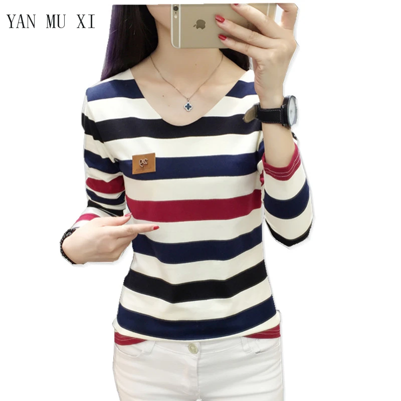 Женская свободная футболка в полоску Повседневная с V образным вырезом и длинным