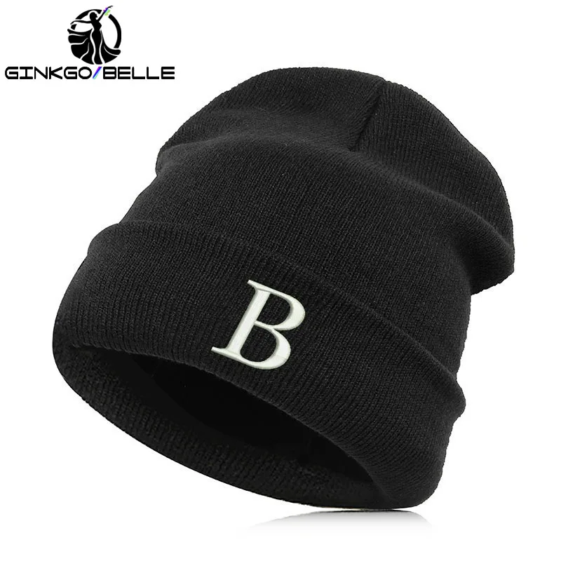 B Шапка-бини, шапка Skullie, зимняя, с вышивкой, в стиле панк, для мужчин и женщин, для подростков, для уличных танцев, алфавит, A-Z, с именем, аббревиатура - Цвет: B