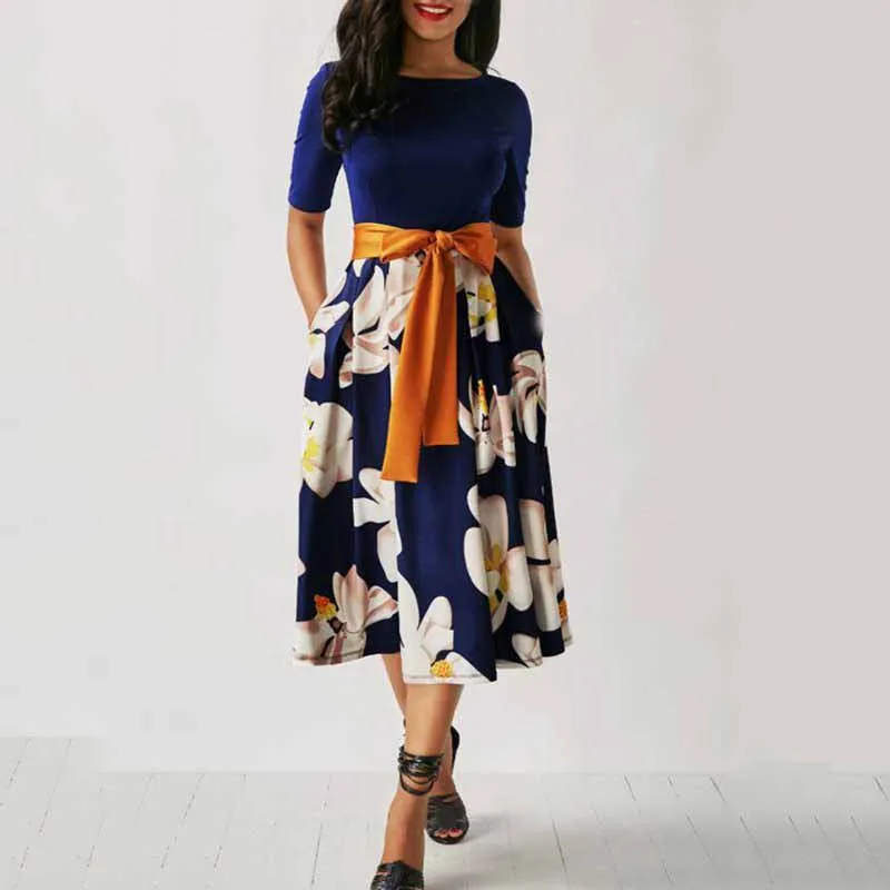 Летнее Повседневное платье трапециевидной формы с цветочным принтом и бантом