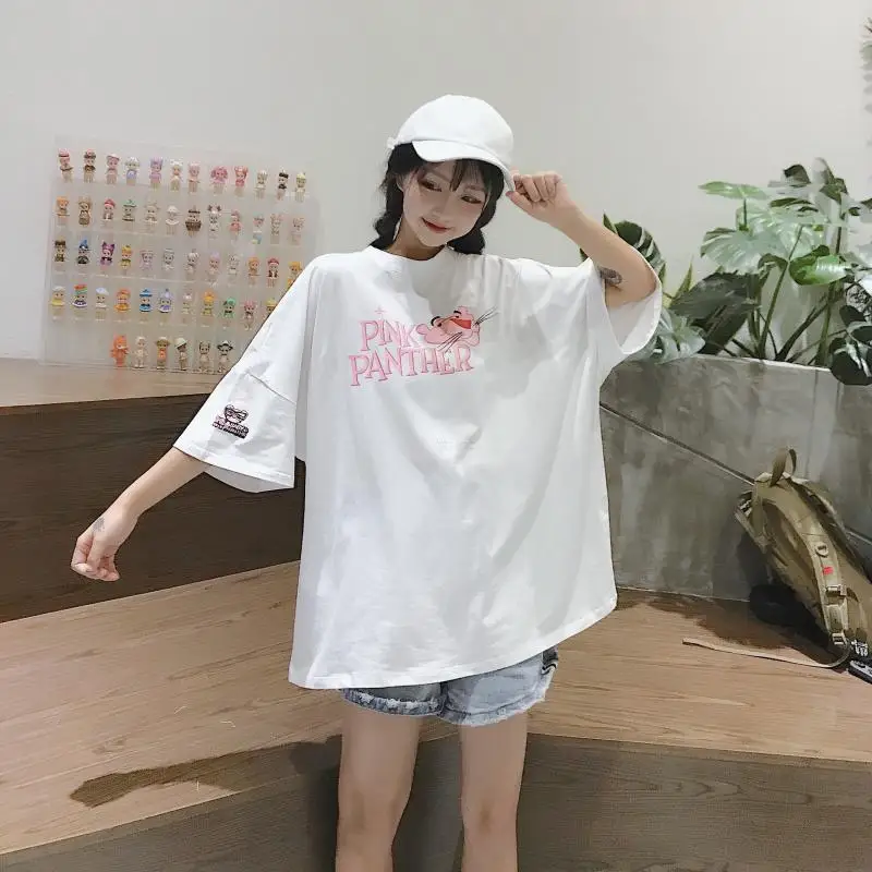 Летняя футболка женская розовая пантера с принтом Свободная Повседневная harajuku Ulzzang футболка с коротким рукавом Топы футболка размера плюс