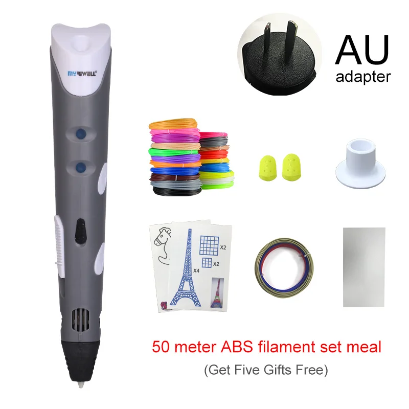 Grey AU Myriwell 3D Ручка с 50 м 1,75 мм ABS нитью, умная 3D Ручка для печати, 3d ручки для детей, подарок на день рождения, Рождество, 3d Ручка для рисования - Цвет: Grey AU