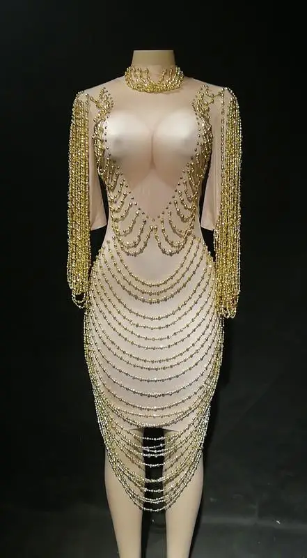 Dress Женское сексуальное платье с золотыми цепями для сцены, вечернее платье, день рождения, празднование, костюм для выступления певца, танцевальное платье с бусинами - Цвет: Dress