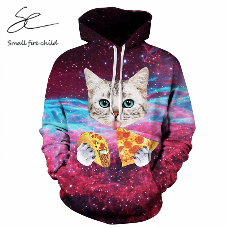 Trendy Men/Women Hoodies Print Pizza Cat Space Galaxy 3d Sweatshirts Hat Autumn Winter Couple Regular Hoody Tops | Мужская одежда