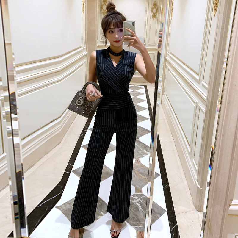 Женский элегантный комбинезон в полоску без рукавов для офиса 2019| |