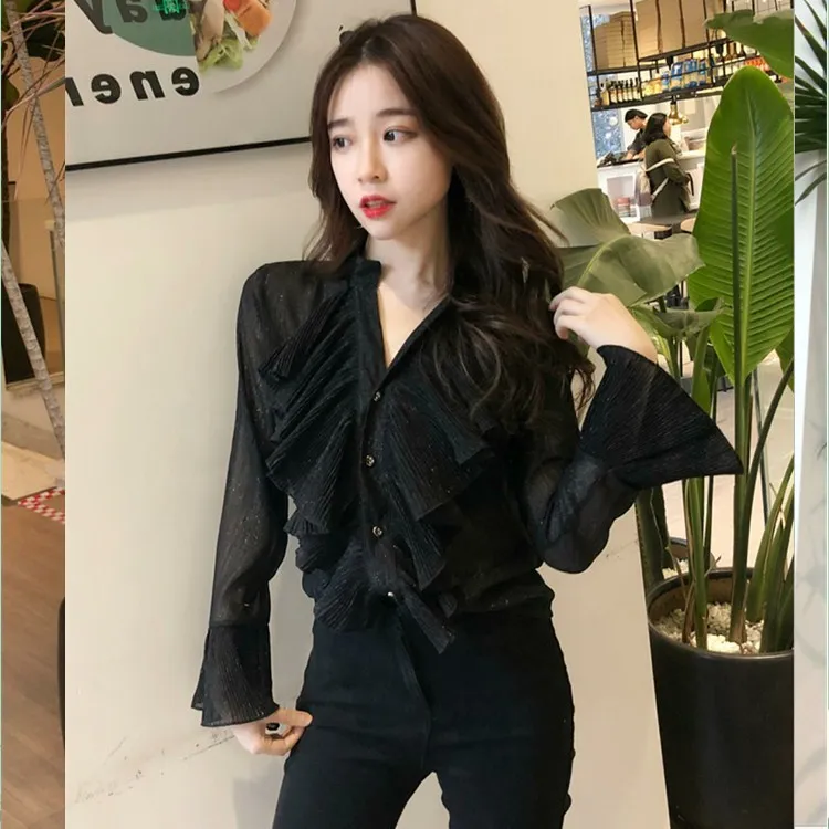 Ранняя весна 2018 г. новый корейский Для женщин Дикий V вырез горловины Сексуальная