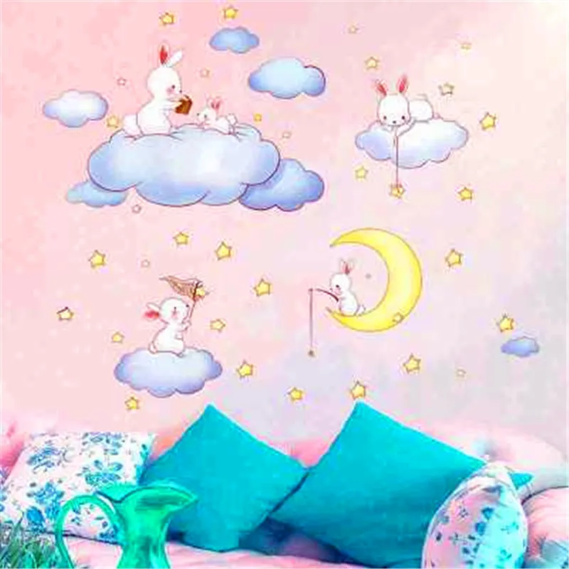 DIY милые Мультяшные наклейки в спальню луна и звезды цветок Белое Облако кролик