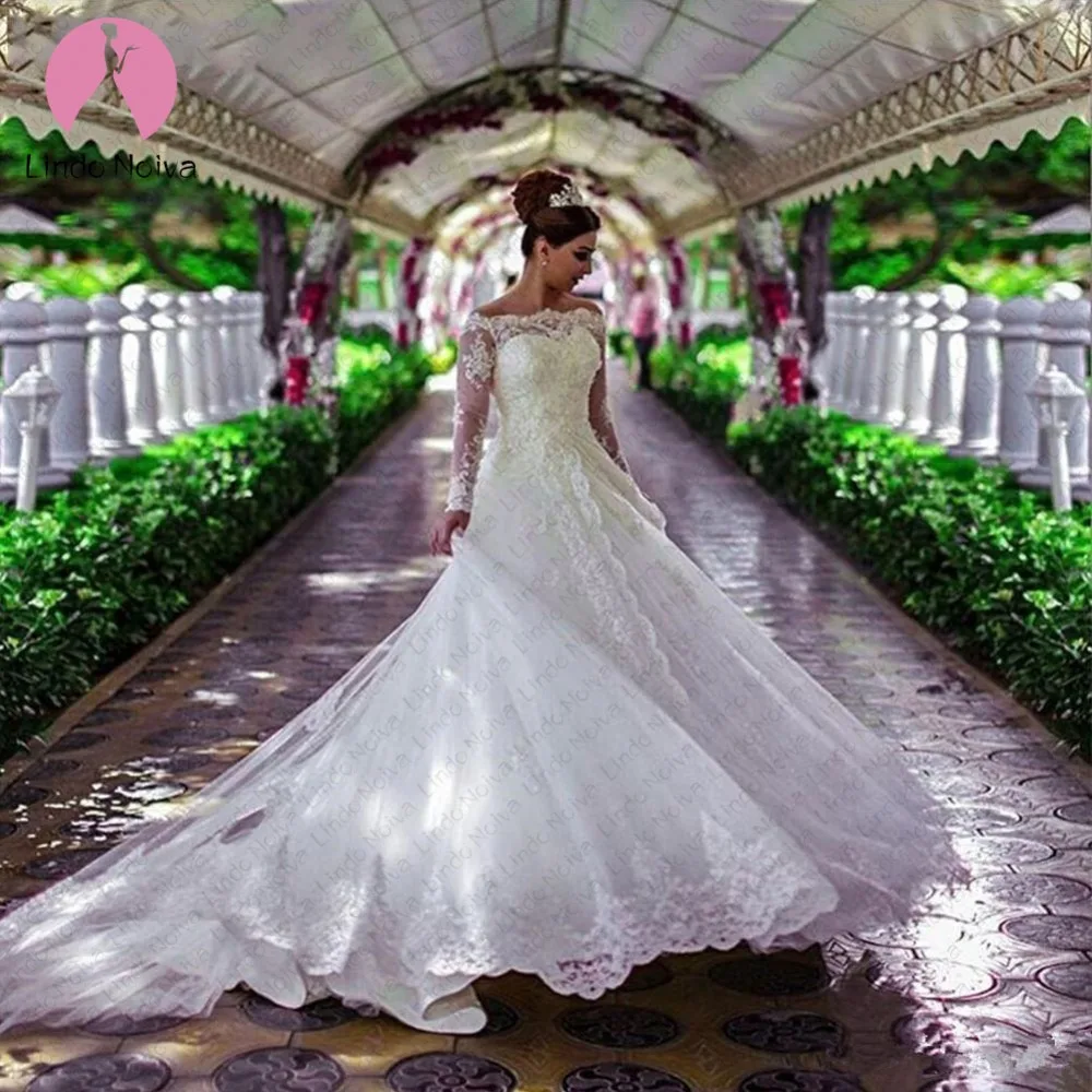 Vestido De Noiva Princesa Branco Свадебные платья Иллюзия молнии сзади Кружевная аппликация с жемчугом Boat Neck свадебные платья