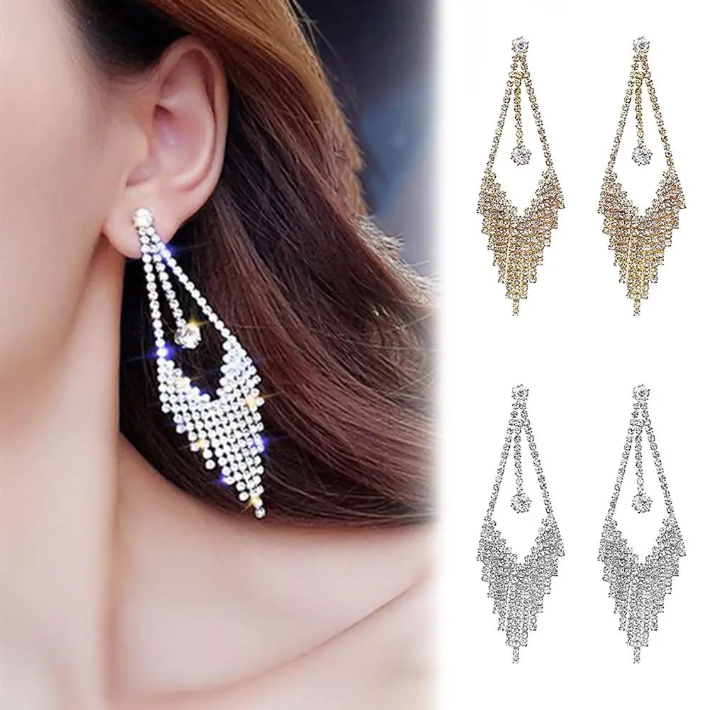 

Luxury Geometric Tassel Rhinestone Long Dangle Women Stud Earrings Jewelry Gift New Hot