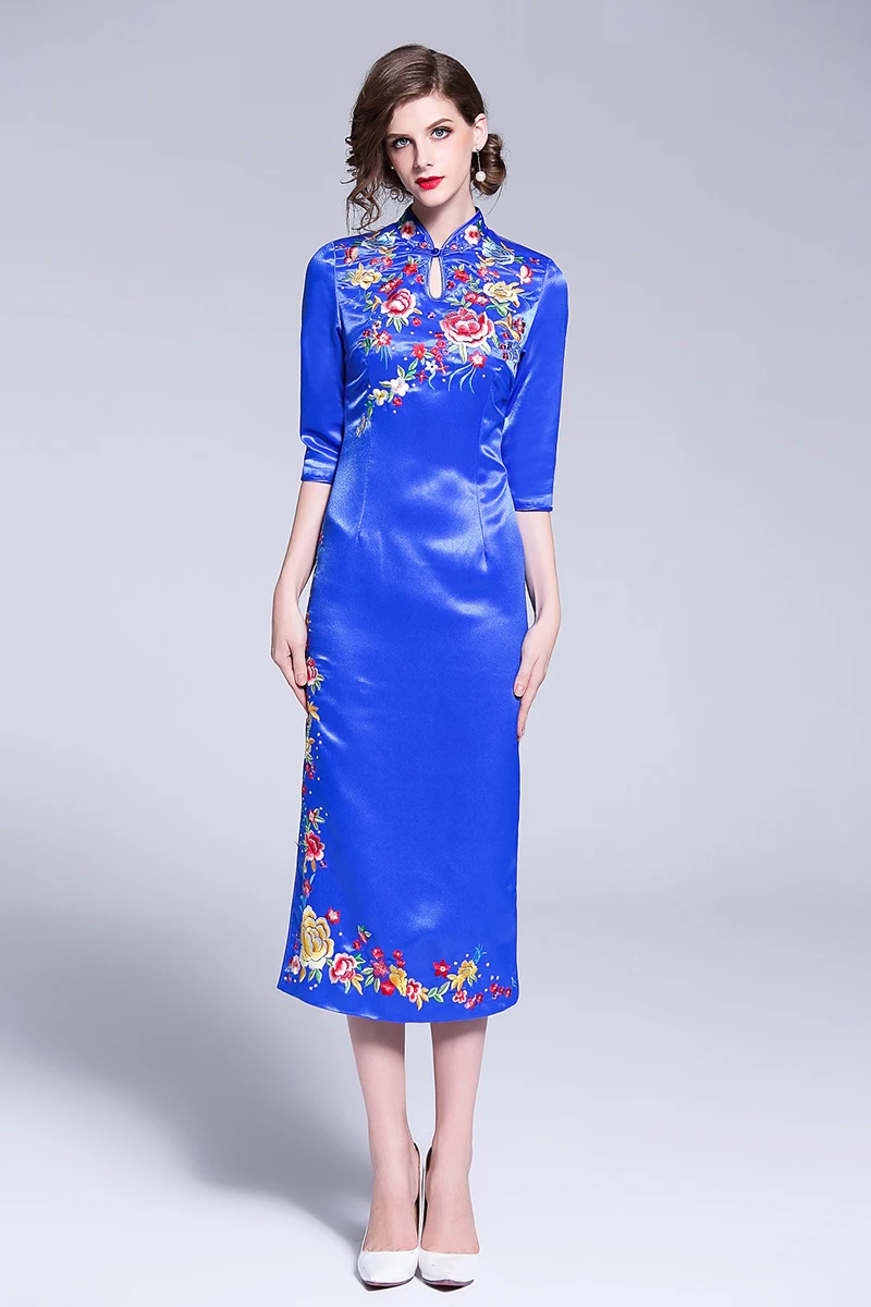 Китайский стиль Cheongsam вышивка Florals Женщины платье элегантный воротник-стойка Женский Тонкий платья осень голубой розовый