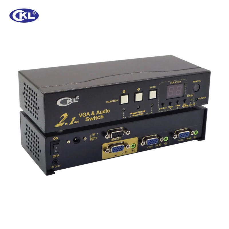 CKL-21S High-end Auto VGA Audio Switch Box 2 in 1 out Switcher 2048*1536 450MHz for PC Monitor wih IR Remote RS232 Control