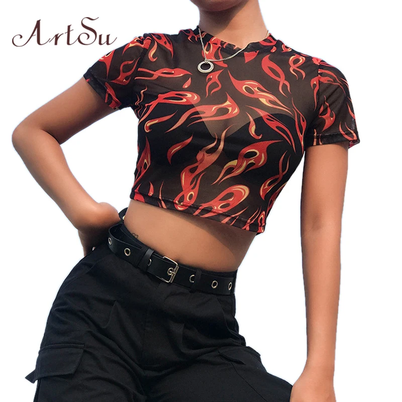 Футболка женская с принтом пламени прозрачная коротким рукавом|Футболки| |