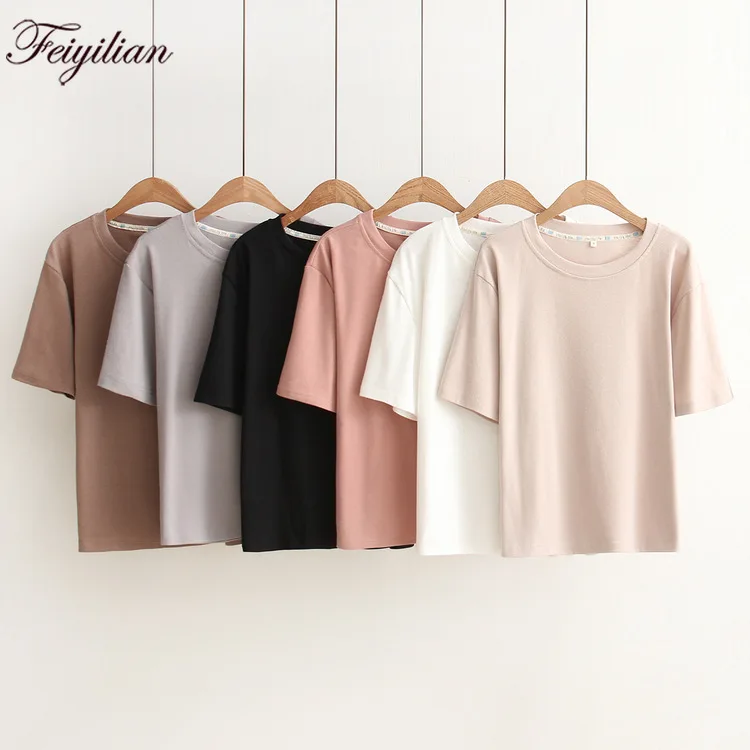 

Simple Bottom Short Sleeve T-shirt Woman Harajuku Casual Pure Cotton Pullover Plus Size Pink