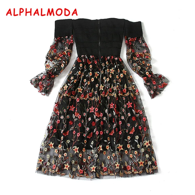 Женское платье без бретелек ALPHALMODA кружевное с длинными рукавами фонариками