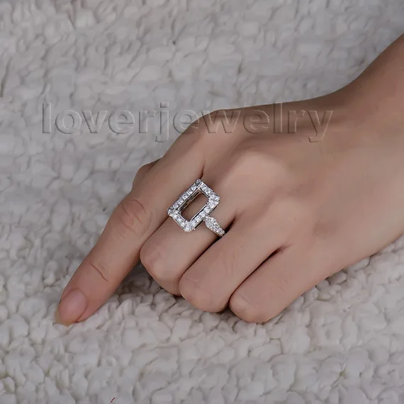 Изумруд 6x11 мм 18kt Белое золото с белым бриллиантом Semi mount Ring WU211