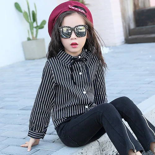 kids shirts clothes Полосатые блузки для маленьких девочек-подростков; хлопковая детская одежда с длинными рукавами; черно-белые рубашки для маленьких девочек; Детская школьная одежда - Цвет: kids shirts clothes