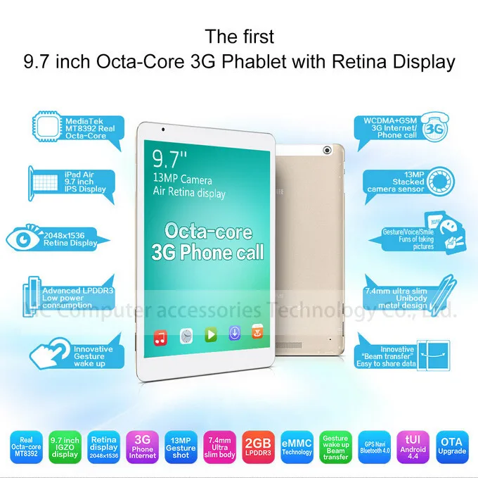 Teclast P98 3g Восьмиядерный MTK8392 планшетный ПК retina 9,7 дюймов 2048x1536 Двойная камера 13,0 МП Android 4,4 gps WCDMA телефонный звонок 2 ГБ/16 ГБ