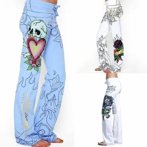 Harjauku High Waist Wide Leg Pant 2019 Summer Fashion Women Baggy Skull Rose Printed Pants Slim Hippie Boho Trousers Streetwear | Женская