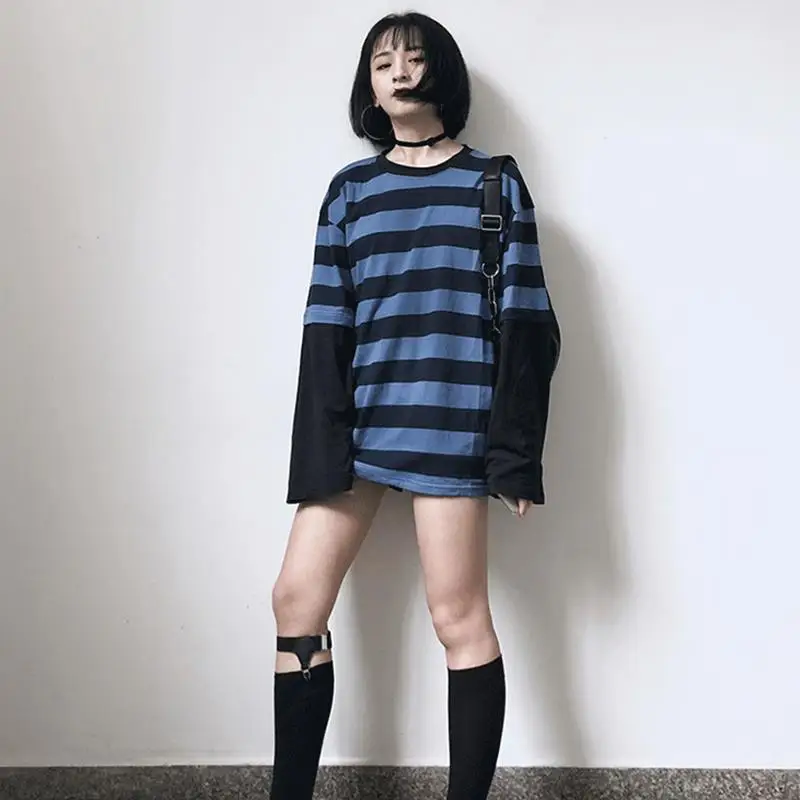 Женская футболка с длинными рукавами Harajuku черная синяя свободная в полоску