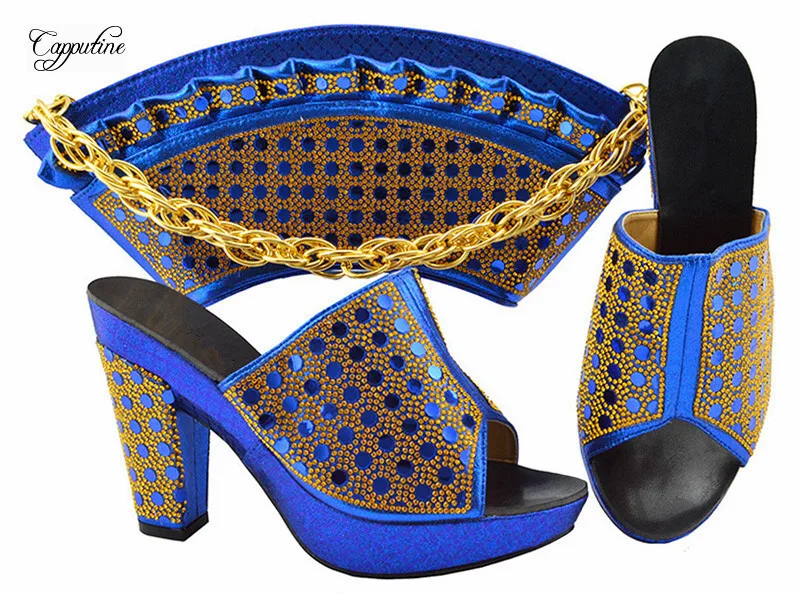 

Fashion teal green slip on high heel design African shoes with handbag sets for evening party MM1069