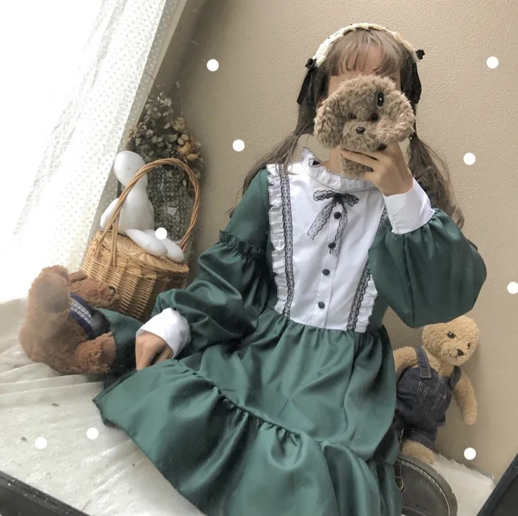 Для женщин платья для Винтаж Дамы Kawaii Ulzzang цвет блок с длинным рукавом милое