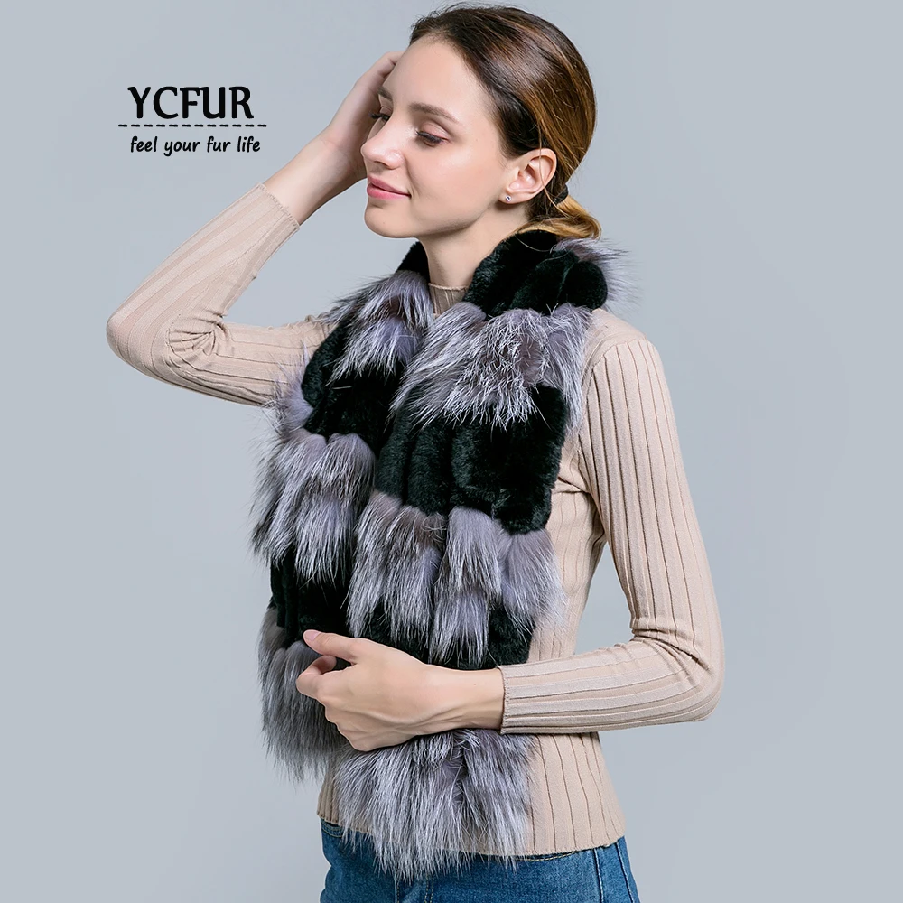 YCFUR, женский шарф, зимний, ручной работы, с мехом кролика Рекс, шарфы для женщин, мех серебристой лисы, длинный шарф, шарфы, шали для девушек