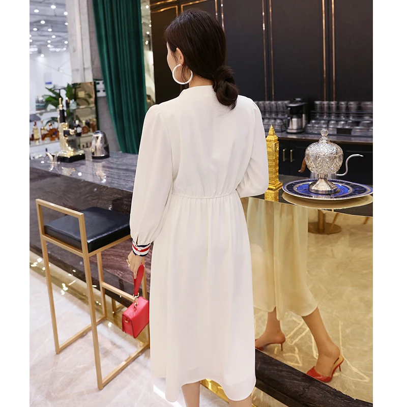 YIGELILA Women White Dress Summer Fashion Elegant V-neck Full Sleeve Empire Slim Midi 64769 | Женская одежда