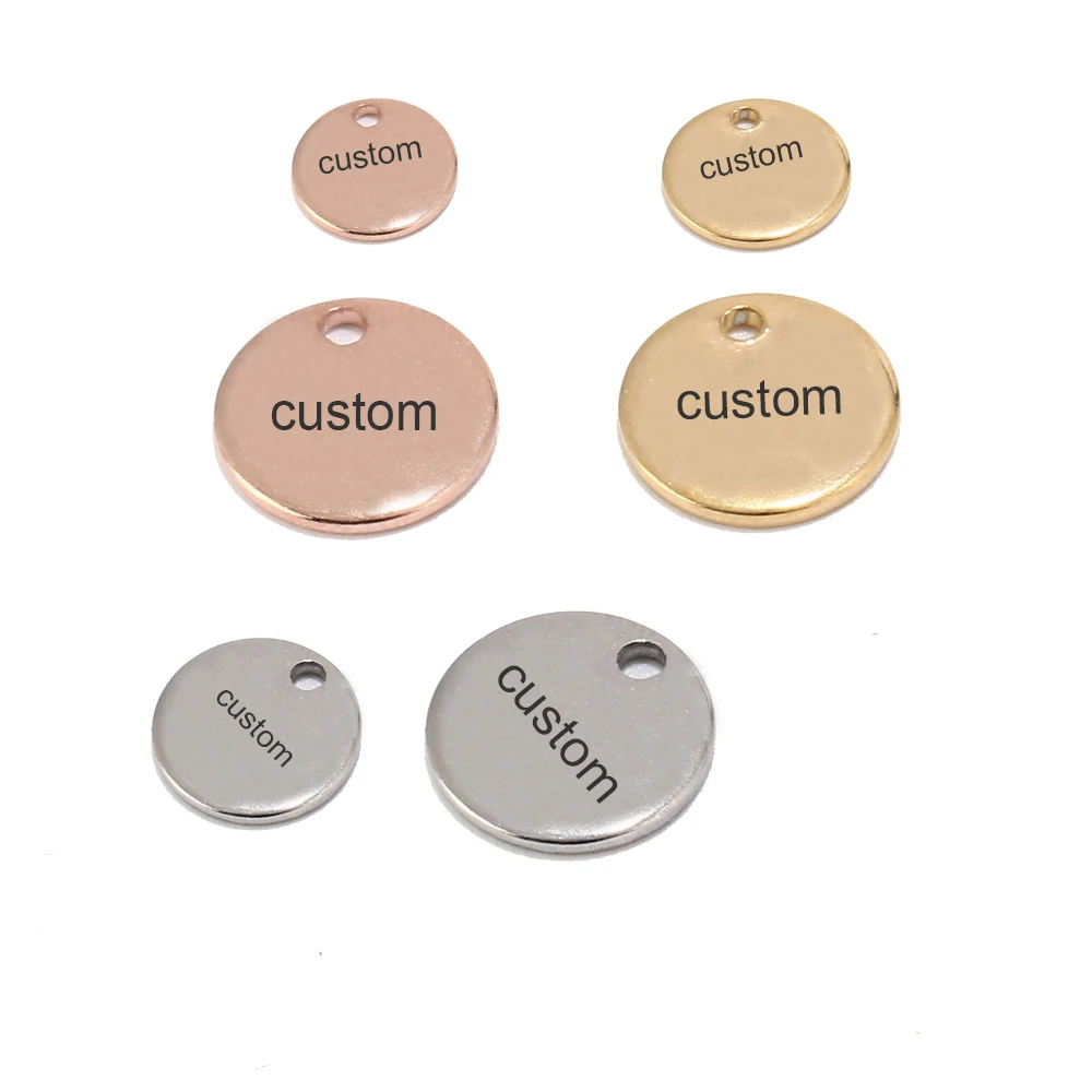 50pcs Gold/Rose Gold Stainless Steel Blank Stamping Dog Tags Round Charm Pendants Custom with Any Words 6mm/8mm/10mm