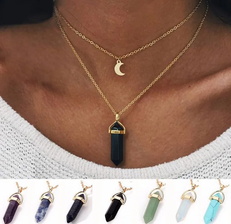 Natural Opal Stone Moon Hexagonal Column Pendant Necklaces For Women Gold Color Double Layer Crystal Necklace Jewelry | Украшения и