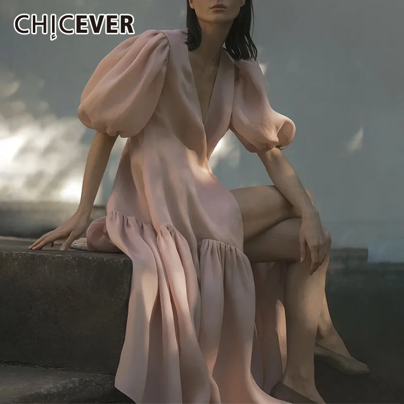 CHICEVER/летнее элегантное розовое шифоновое платье для женщин с v образным вырезом