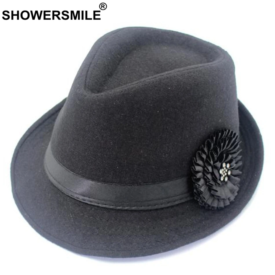 SHOWERSMILE, красная женская шляпа-федора, шерсть, цветок, элегантная джазовая шляпа, Женский Btitish стиль, винтажная осенне-зимняя фетровая шапочка, новая мода - Цвет: Black Hat