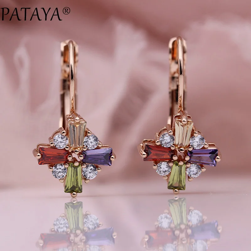 PATAYA New Western Style Colored Square Natural Zircon Drop Earrings 585 Rose Gold Women Fine Party Wedding Hot Fashion Jewelry