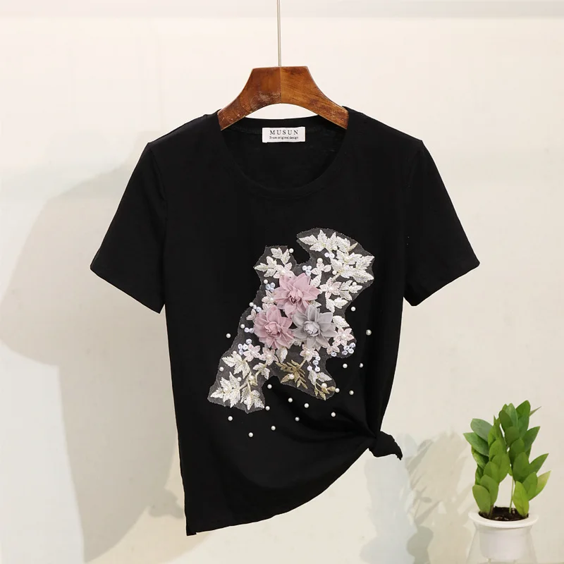 2019 лето новая женская футболка Топы Мода Бисероплетение Вышивка цветок