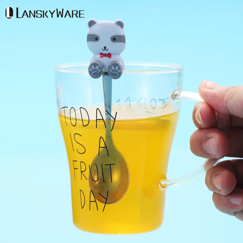 LANSKYWARE, милая чайная ложка с котом для детей, мультяшная кофейная ложка из нержавеющей стали с длинной ручкой, кухонные десертные чайные ложки для кофе