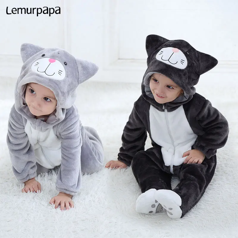 Детский комбинезончик с рисунком кота для мальчиков и девочек; Kawaii; комбинезон на молнии с капюшоном; Одежда для младенцев с рисунком животных; теплая мягкая одежда для младенцев