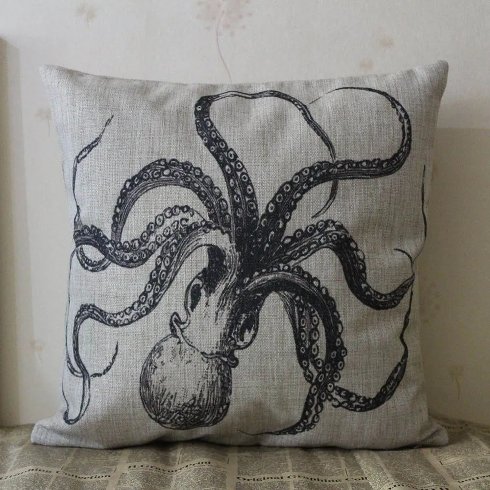 LINKWELL 18&quotx18&quot Black Ocean Coastal Nautical Octopus Sealife Design Marine Burlap Pillow Cover Cushion Case for Home Decoration | Дом и
