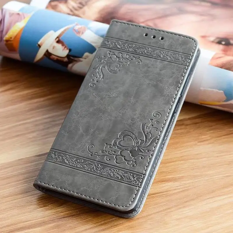 Серый Тисненый кожаный чехол-книжка для huawei P20 Lite Honor 8 Lite P10 P9 P8 P30 Pro Y9 mate 9, чехол с цветком и магнитным бумажником - Цвет: Серый
