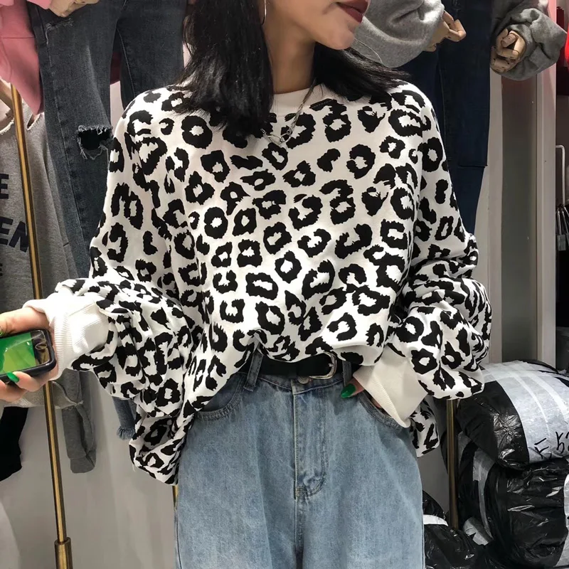 Vogue Для женщин 2018 полный Leopard Мода толстовки с длинными рукавами и круглым вырезом